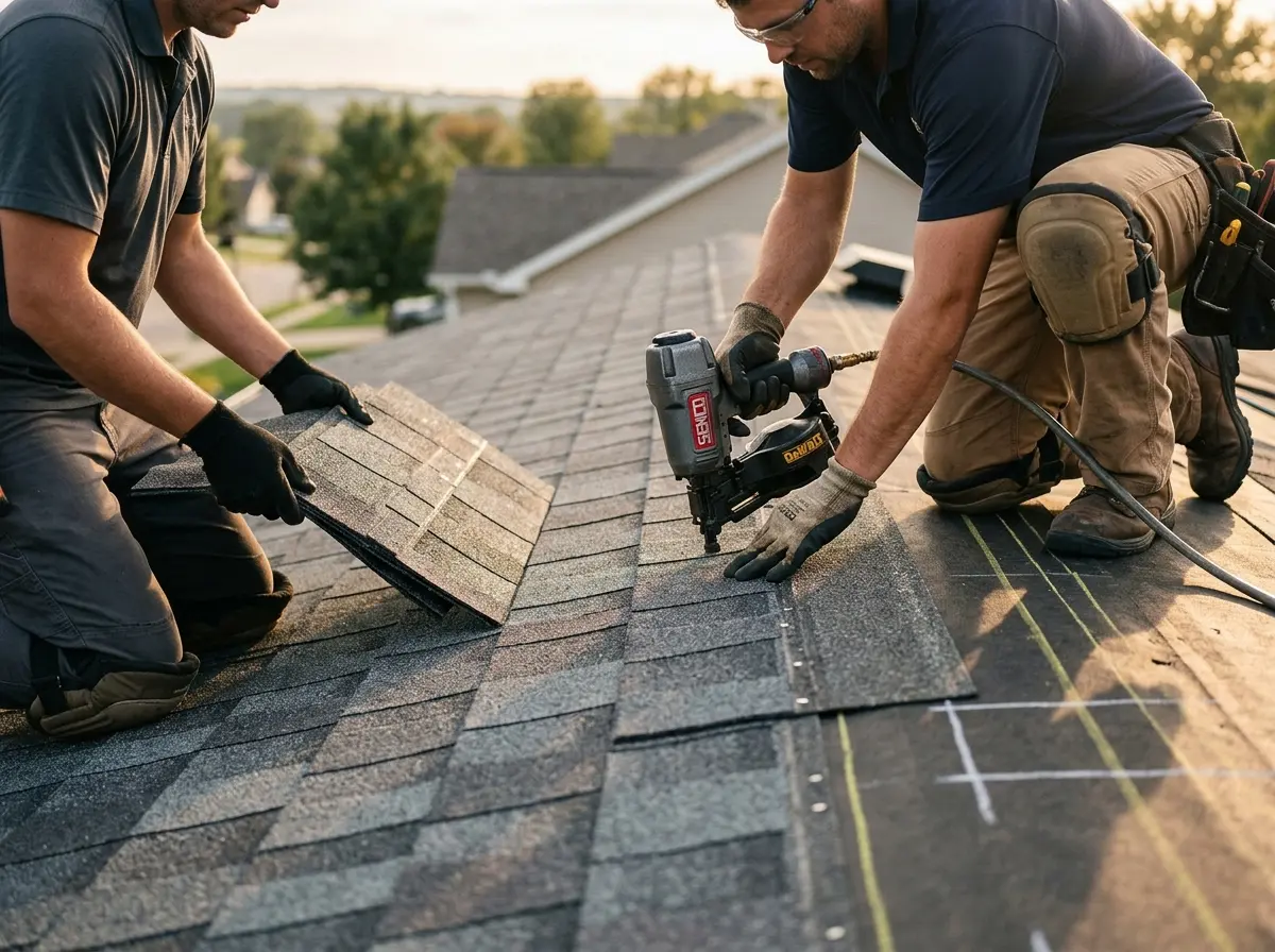 Professional roofer working on a residential roof in Algonquin